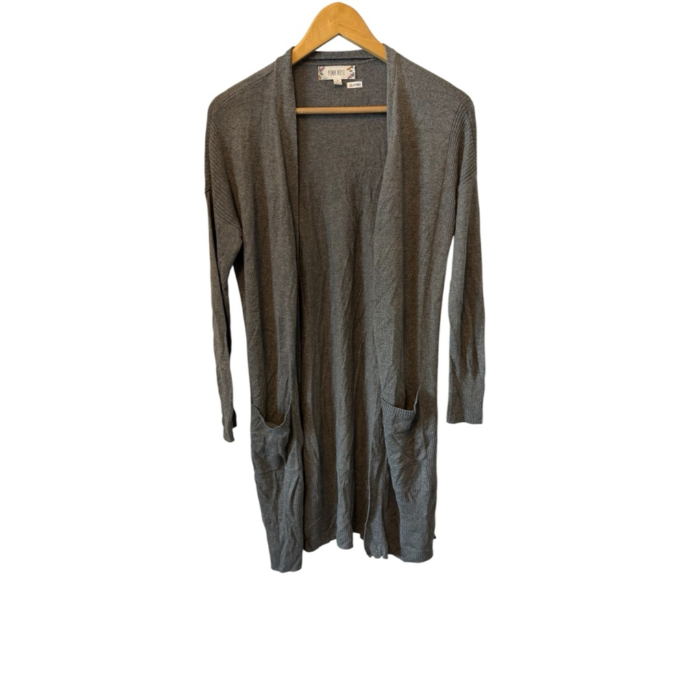 Pink Rose Gray Long Open Front Cardigan Women’s Small Lightweight Duster Pockets